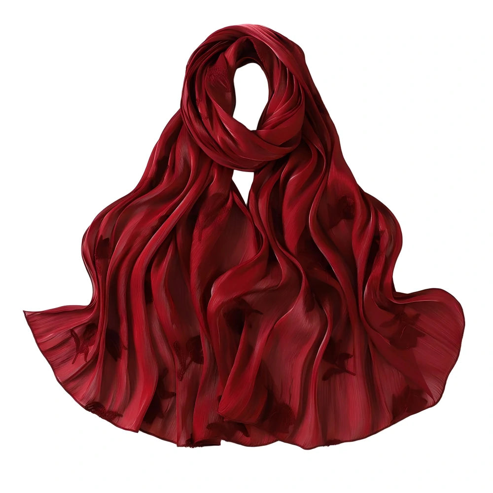 Luxury Embroidered Tulip Hijab Pleated Silky Scarf Floral Embroidery Women