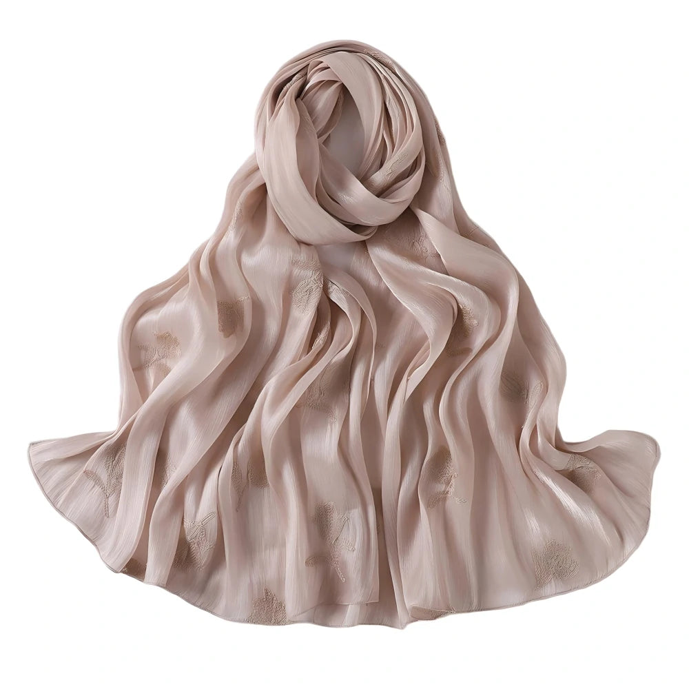 Luxury Embroidered Tulip Hijab Pleated Silky Scarf Floral Embroidery Women