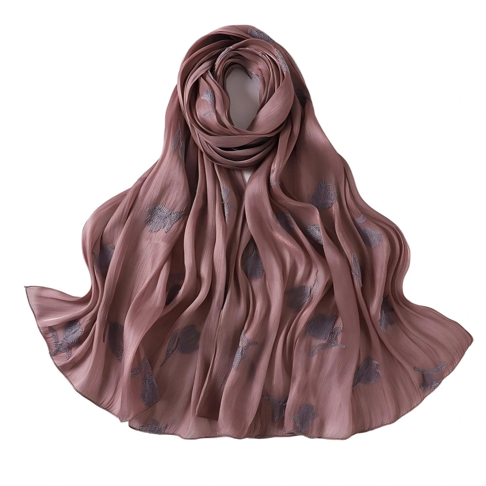 Luxury Embroidered Tulip Hijab Pleated Silky Scarf Floral Embroidery Women