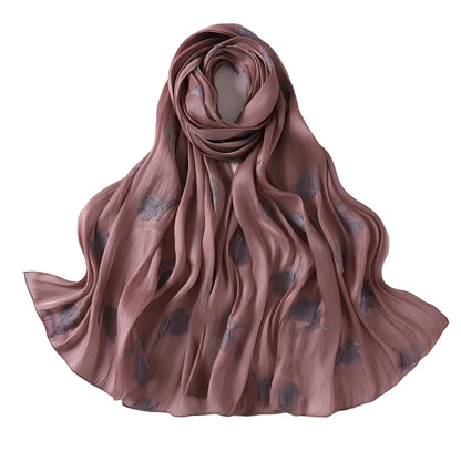 Luxury Embroidered Tulip Hijab Pleated Silky Scarf Floral Embroidery Women
