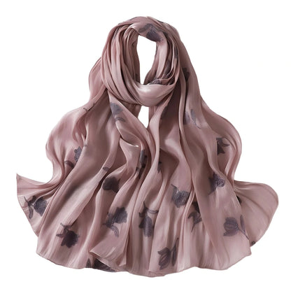 Luxury Embroidered Tulip Hijab Pleated Silky Scarf Floral Embroidery Women