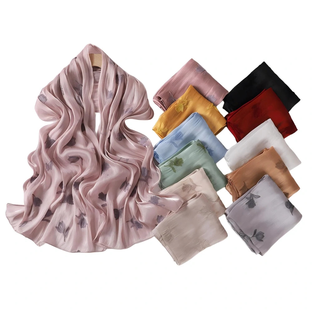 Luxury Embroidered Tulip Hijab Pleated Silky Scarf Floral Embroidery Women