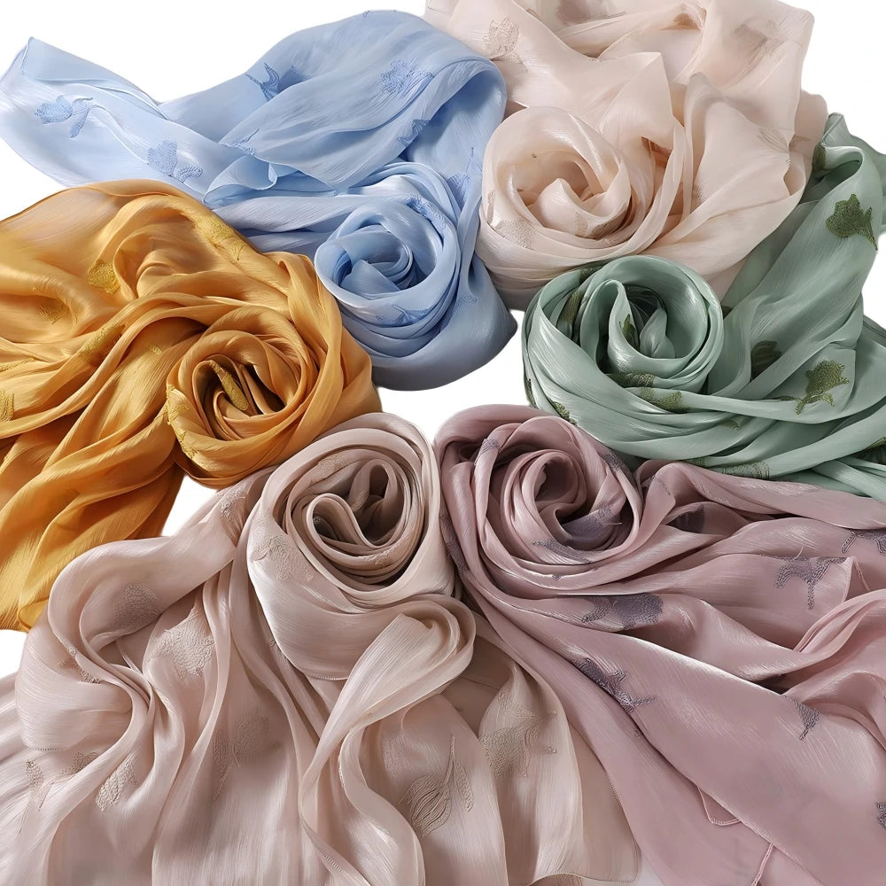 Luxury Embroidered Tulip Hijab Pleated Silky Scarf Floral Embroidery Women
