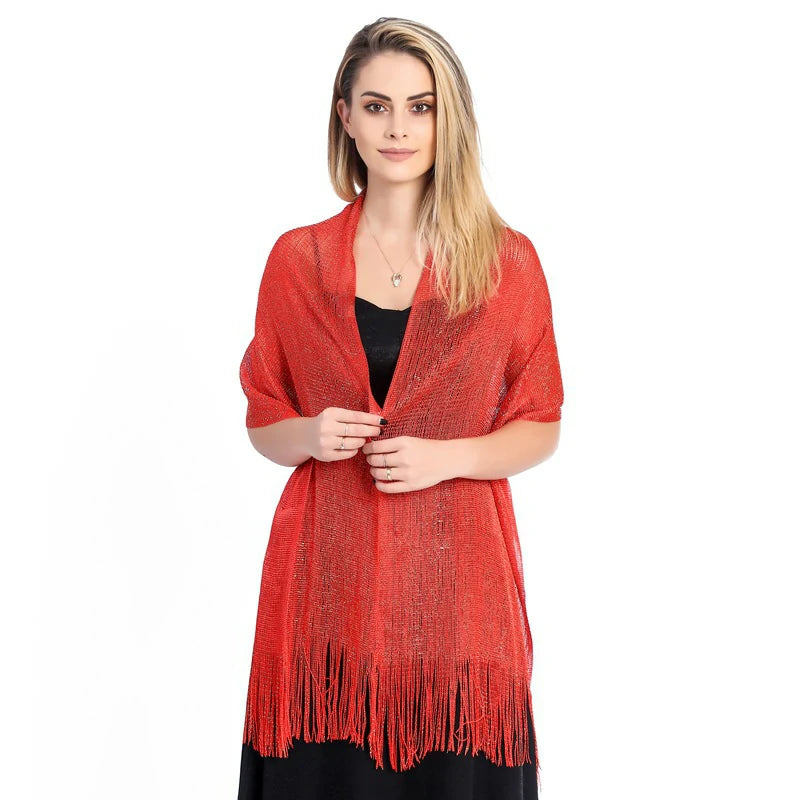 Red shawl with shimmering threads