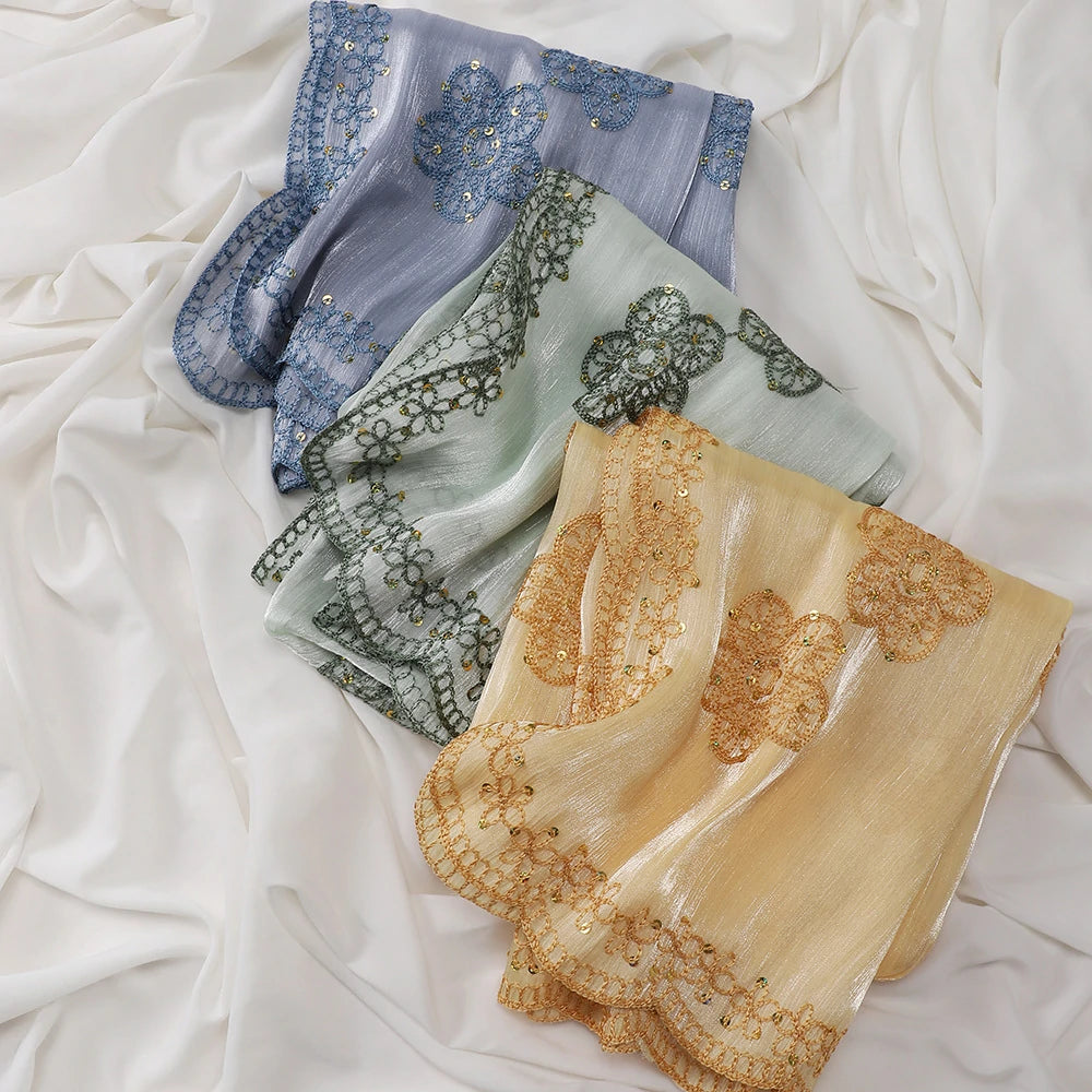 Sequin Embroidered Hijab Scarf Scalloped Lace Edge Muslim Women Elegant Shimmer Shawl