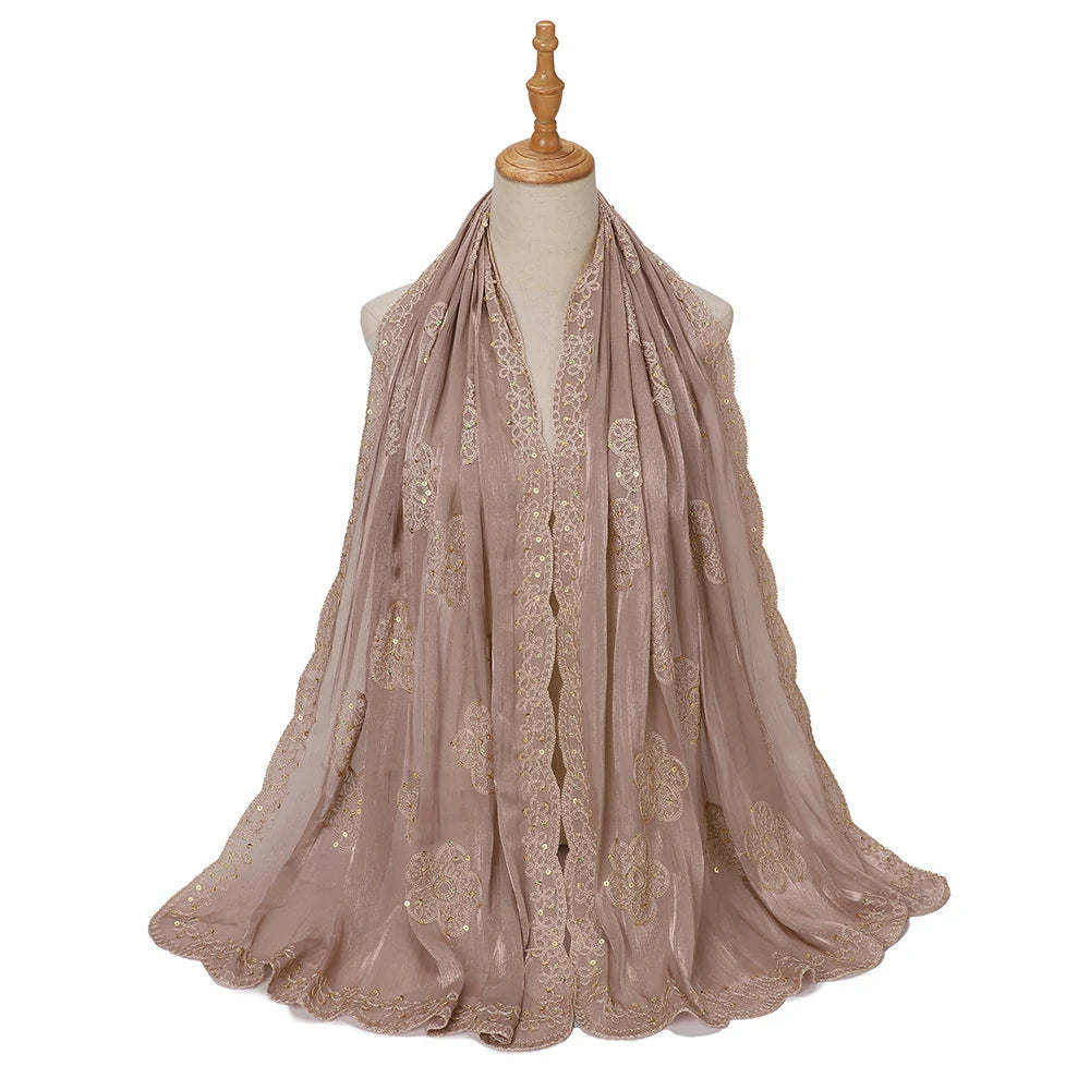 Sequin Embroidered Hijab Scarf Scalloped Lace Edge Muslim Women Elegant Shimmer Shawl