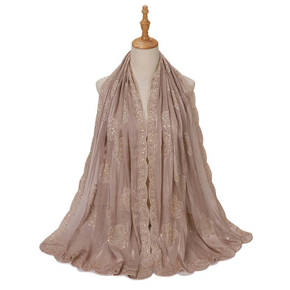 Sequin Embroidered Hijab Scarf Scalloped Lace Edge Muslim Women Elegant Shimmer Shawl