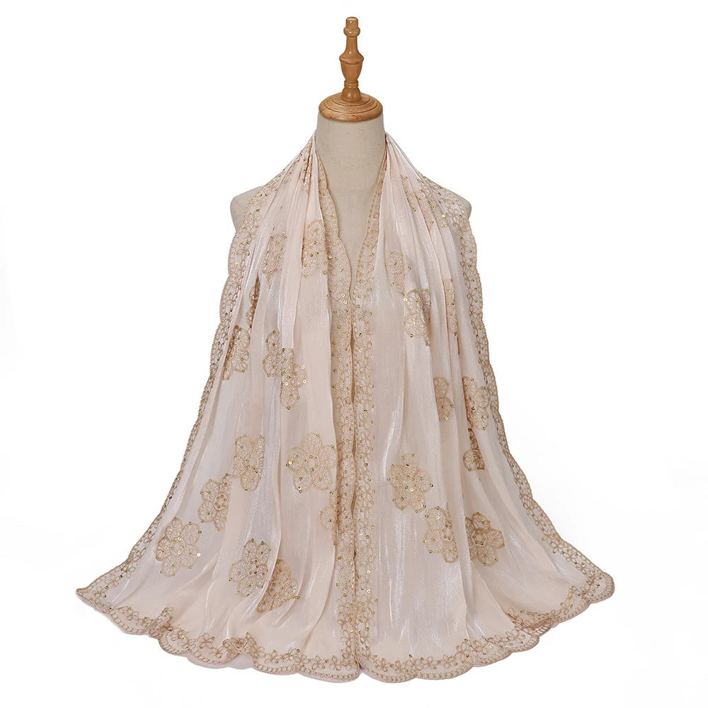 Sequin Embroidered Hijab Scarf Scalloped Lace Edge Muslim Women Elegant Shimmer Shawl
