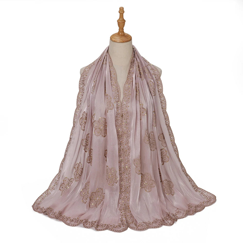 Sequin Embroidered Hijab Scarf Scalloped Lace Edge Muslim Women Elegant Shimmer Shawl