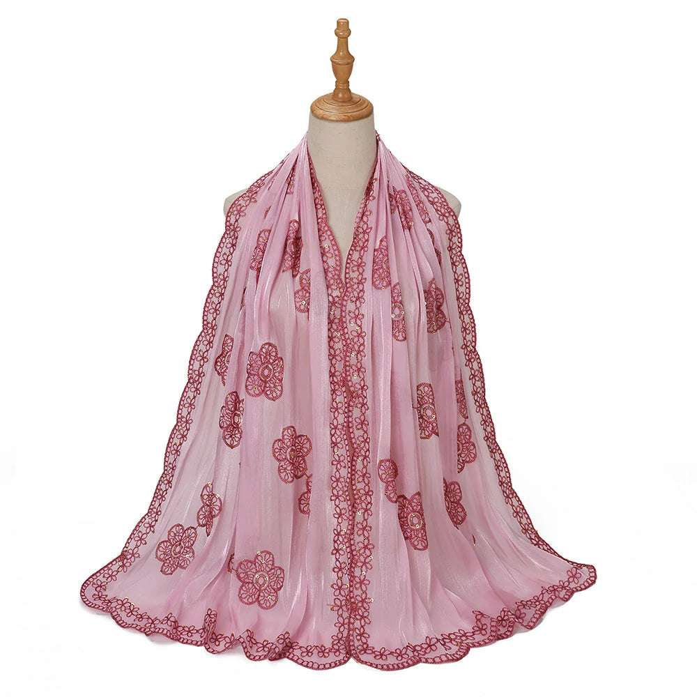 Sequin Embroidered Hijab Scarf Scalloped Lace Edge Muslim Women Elegant Shimmer Shawl