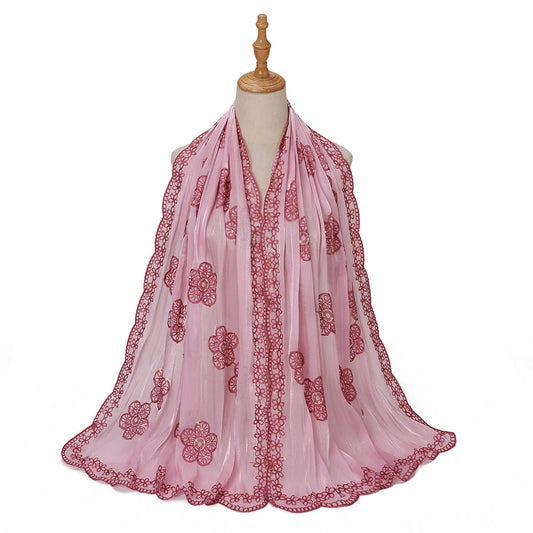 Sequin Embroidered Hijab Scarf Scalloped Lace Edge Muslim Women Elegant Shimmer Shawl