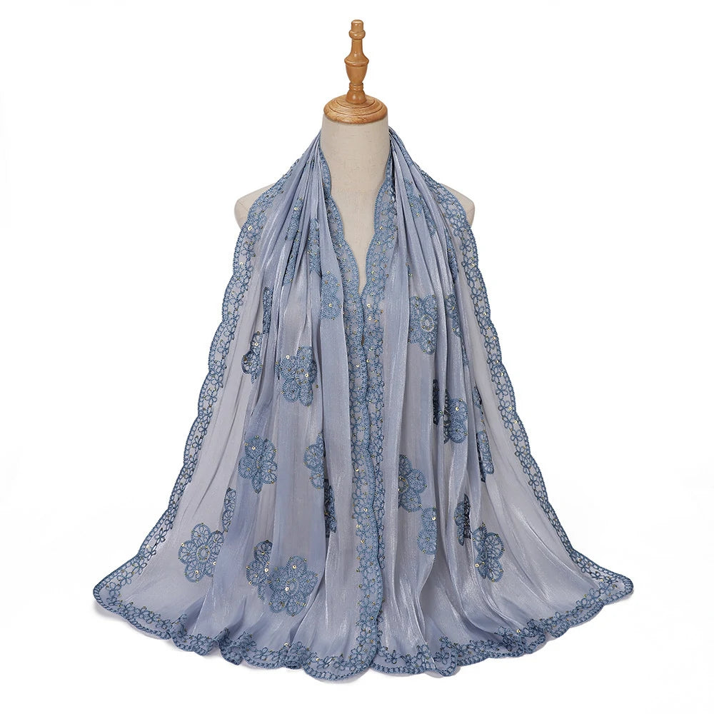Sequin Embroidered Hijab Scarf Scalloped Lace Edge Muslim Women Elegant Shimmer Shawl