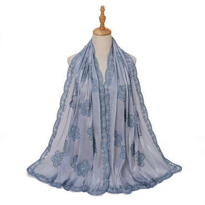 Sequin Embroidered Hijab Scarf Scalloped Lace Edge Muslim Women Elegant Shimmer Shawl