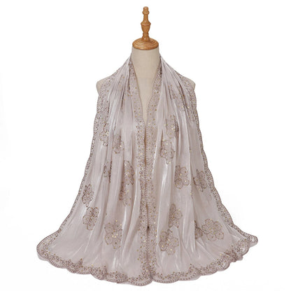 Sequin Embroidered Hijab Scarf Scalloped Lace Edge Muslim Women Elegant Shimmer Shawl
