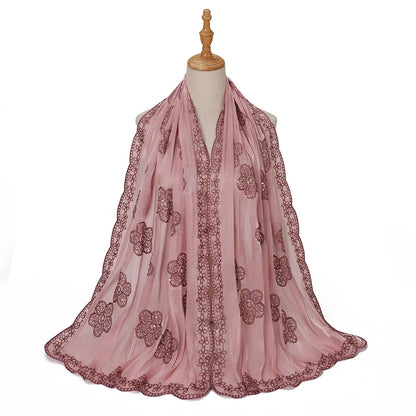 Sequin Embroidered Hijab Scarf Scalloped Lace Edge Muslim Women Elegant Shimmer Shawl