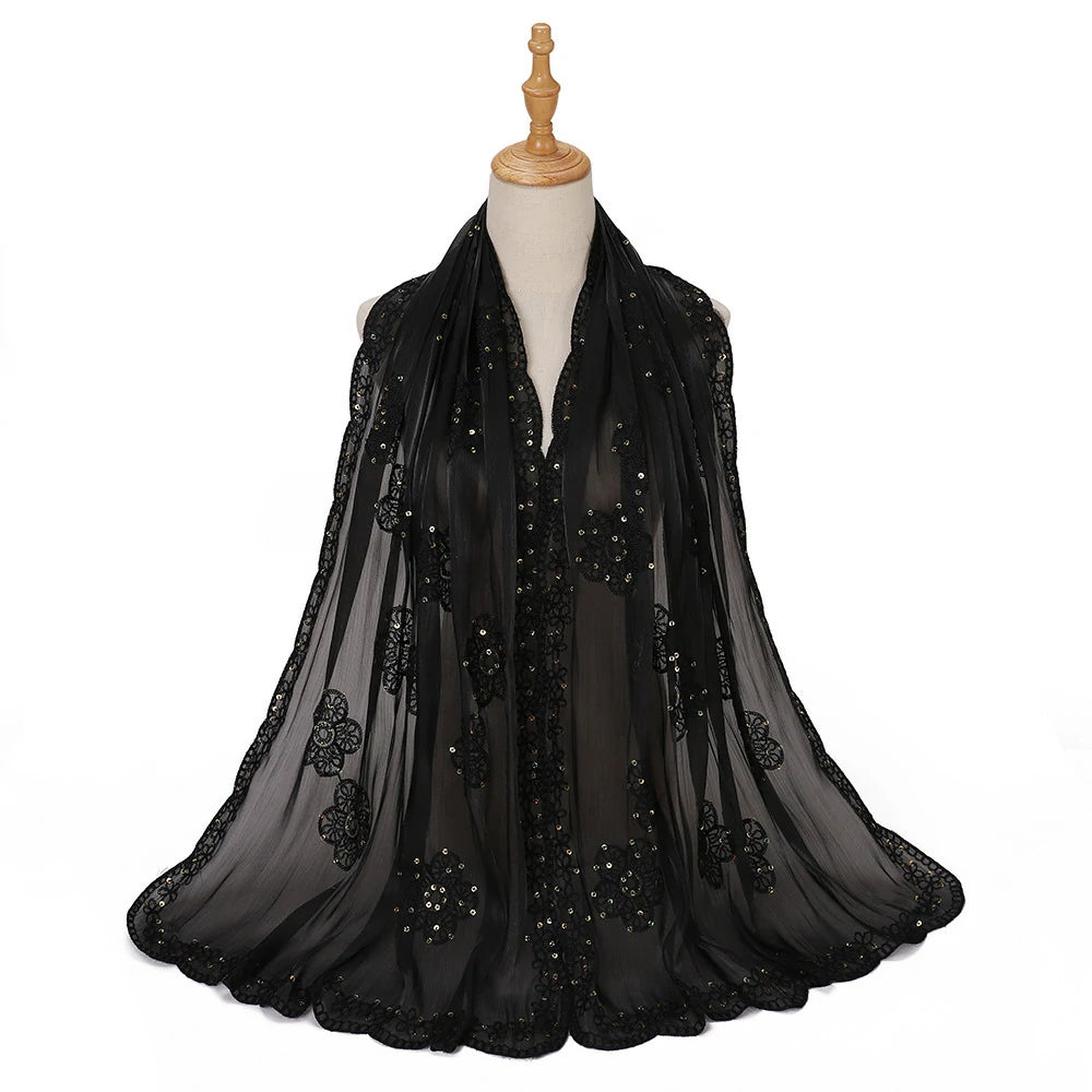 Sequin Embroidered Hijab Scarf Scalloped Lace Edge Muslim Women Elegant Shimmer Shawl