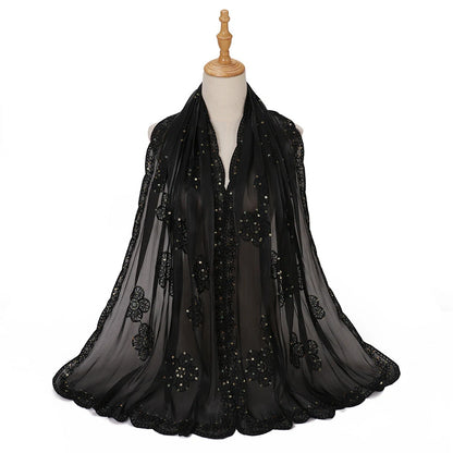 Sequin Embroidered Hijab Scarf Scalloped Lace Edge Muslim Women Elegant Shimmer Shawl