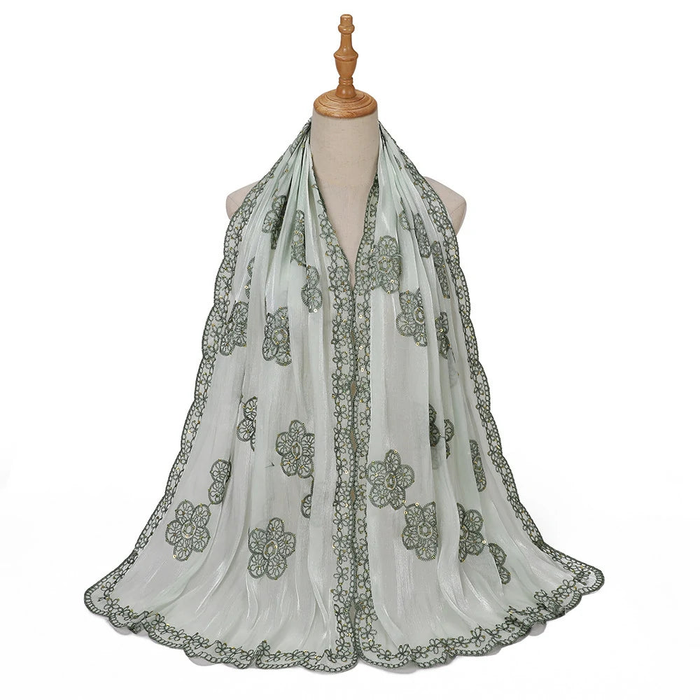 Sequin Embroidered Hijab Scarf Scalloped Lace Edge Muslim Women Elegant Shimmer Shawl