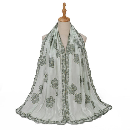 Sequin Embroidered Hijab Scarf Scalloped Lace Edge Muslim Women Elegant Shimmer Shawl