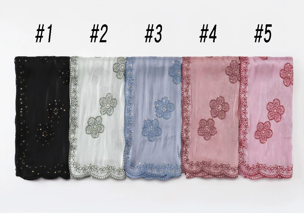Sequin Embroidered Hijab Scarf Scalloped Lace Edge Muslim Women Elegant Shimmer Shawl