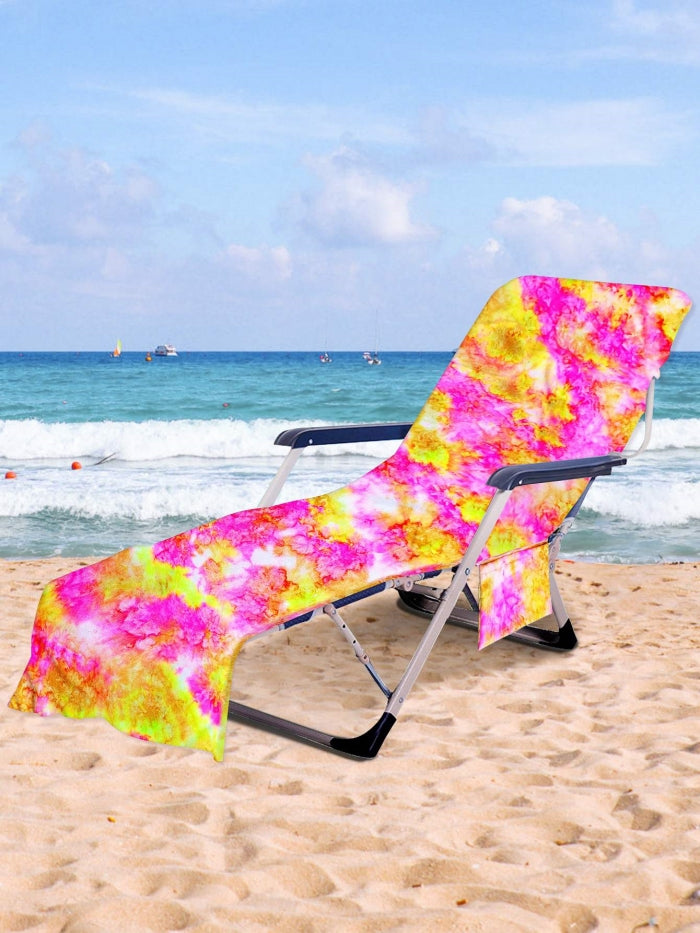 Multifunctional portable tie-dyed peach pile beach towel with side pockets