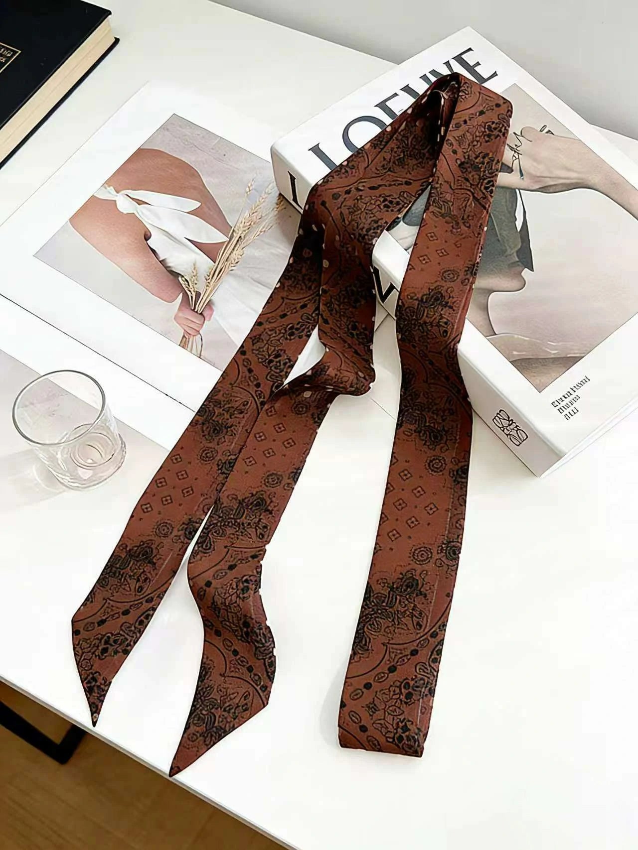 Vintage Paisley Print Skinny Scarf Silk Like Bohemian Twilly Neck Hair