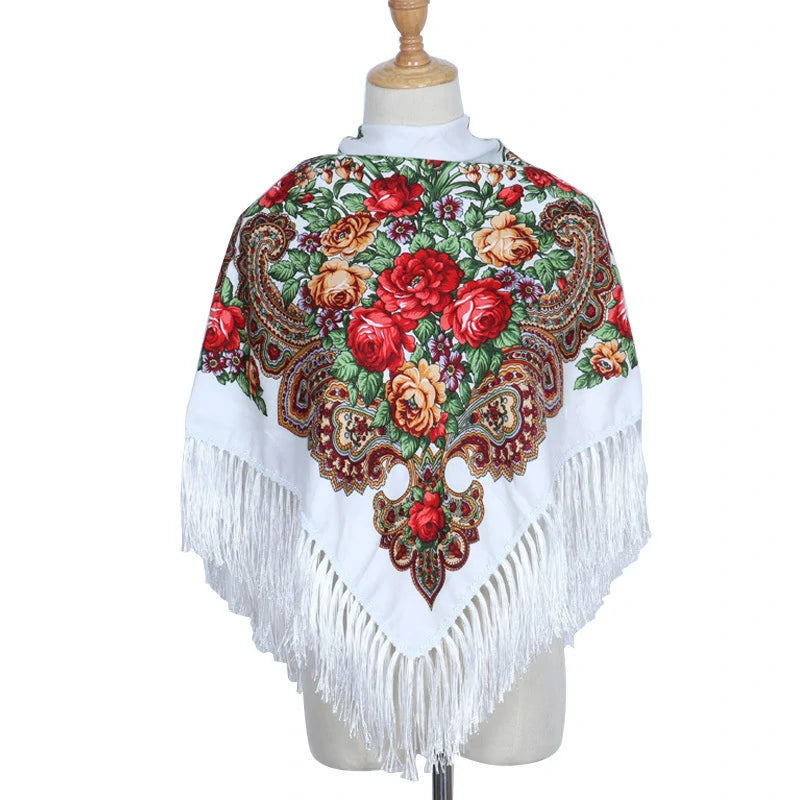 White babushka headscarf with tassels