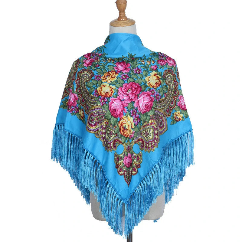 Blue babushka headscarf with tassels