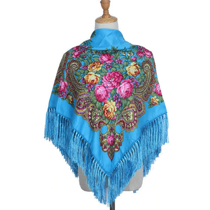 Blue babushka headscarf with tassels