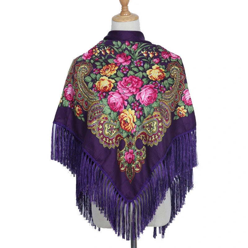 Purple babushka headscarf with tassels
