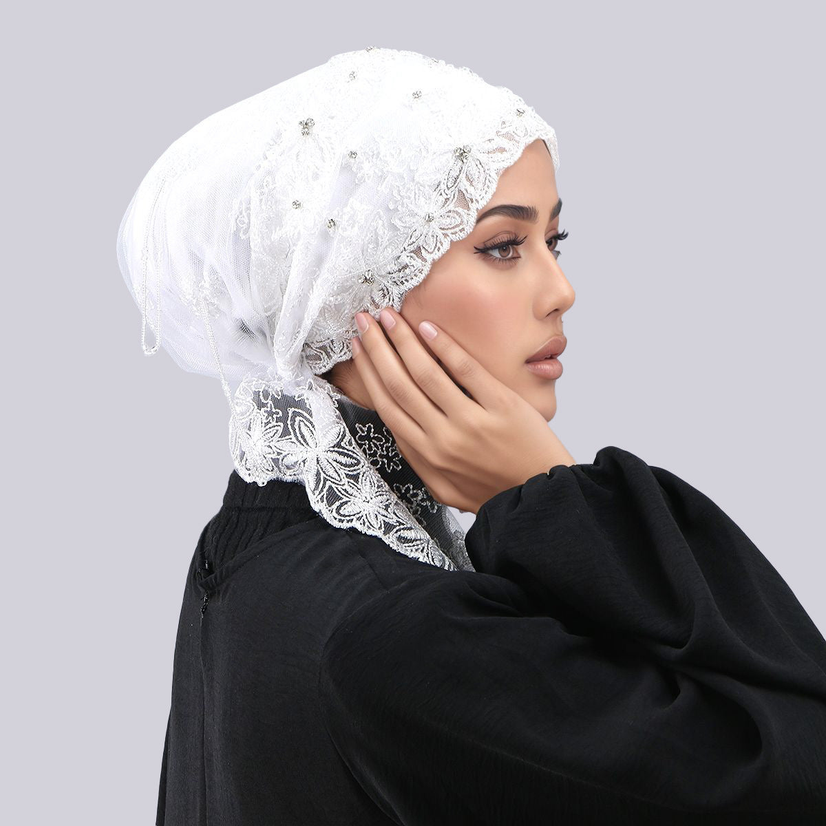 white Beaded Turban Hijab