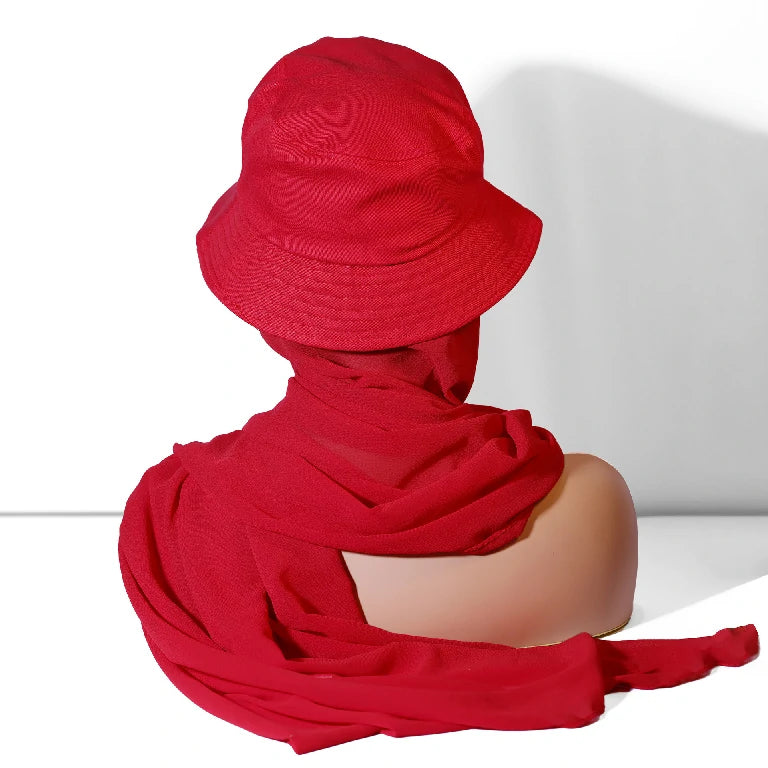 Wholesale Chiffon Bucket Hat Hijab Attached Long Scarf Instant Muslim Headscarf
