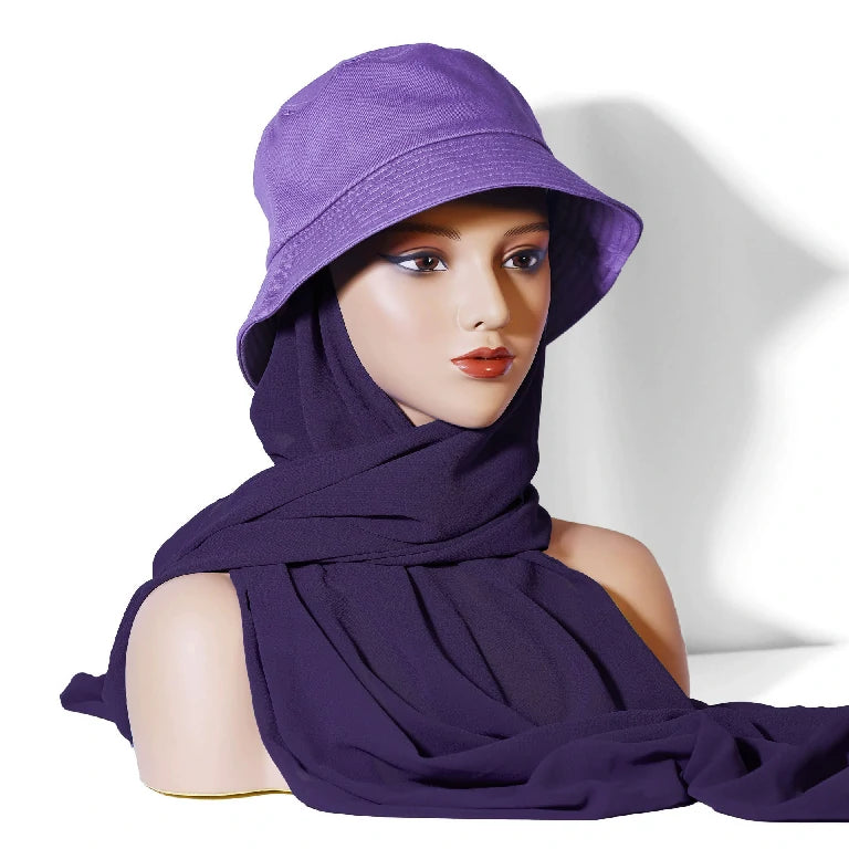 Wholesale Chiffon Bucket Hat Hijab Attached Long Scarf Instant Muslim Headscarf