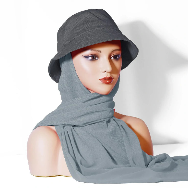 Wholesale Chiffon Bucket Hat Hijab Attached Long Scarf Instant Muslim Headscarf
