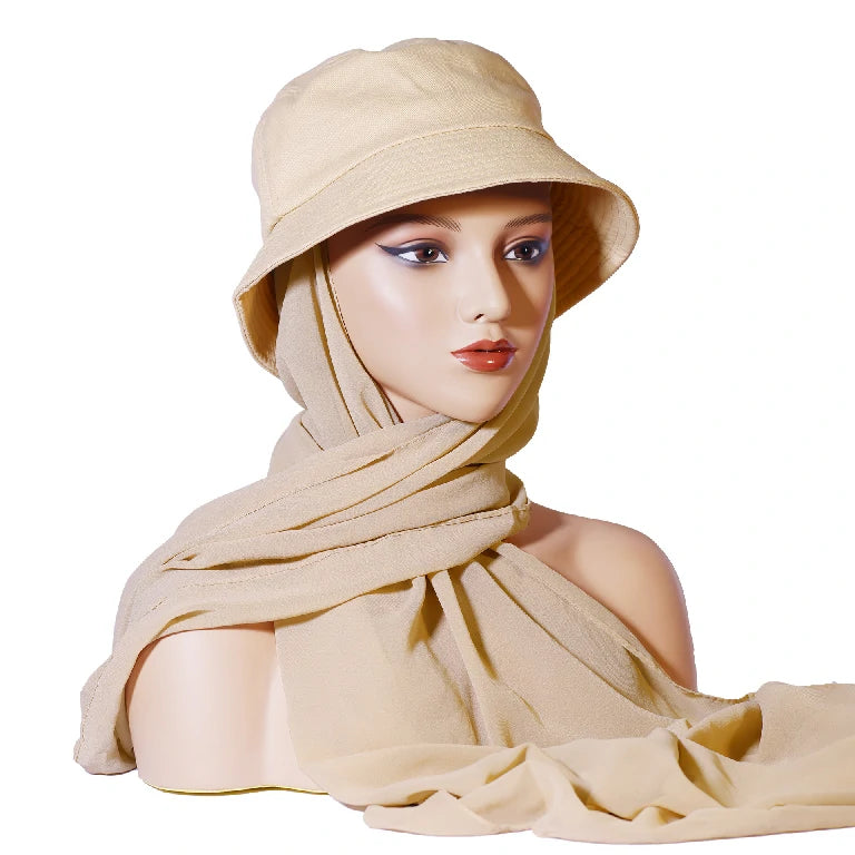 Wholesale Chiffon Bucket Hat Hijab Attached Long Scarf Instant Muslim Headscarf