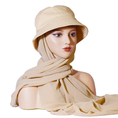 Wholesale Chiffon Bucket Hat Hijab Attached Long Scarf Instant Muslim Headscarf