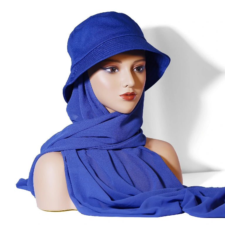 Wholesale Chiffon Bucket Hat Hijab Attached Long Scarf Instant Muslim Headscarf