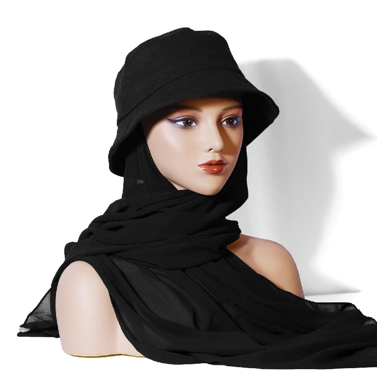 Wholesale Chiffon Bucket Hat Hijab Attached Long Scarf Instant Muslim Headscarf
