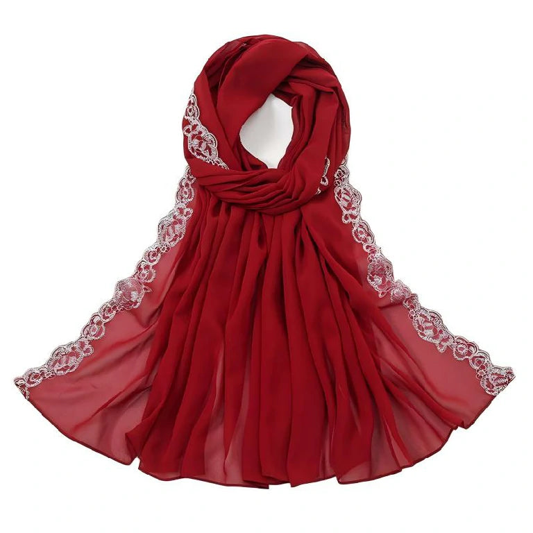 Wholesale Chiffon Hijab Fancy Lace Edge Premium Embroidered Scarf