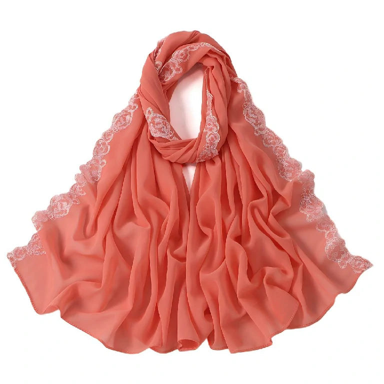 Wholesale Chiffon Hijab Fancy Lace Edge Premium Embroidered Scarf