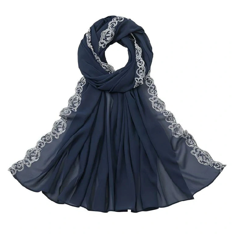 Wholesale Chiffon Hijab Fancy Lace Edge Premium Embroidered Scarf