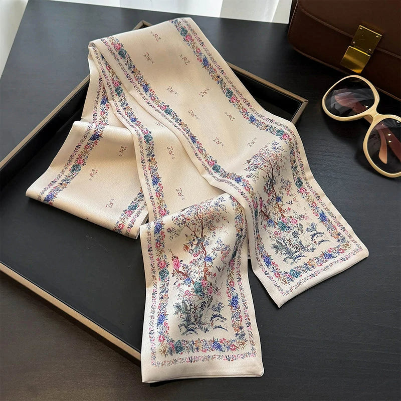 Wholesale Elegant Botanical Floral Skinny Scarf Silk Feeling Hair Ribbon Bag Scarf