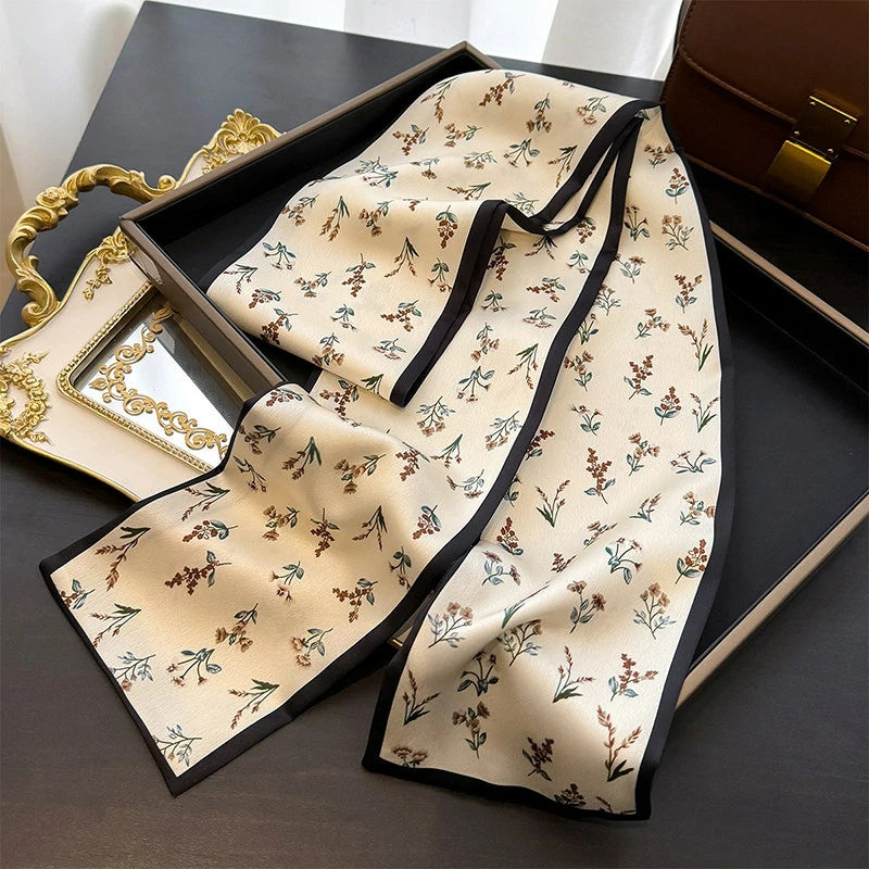 Wholesale Elegant Botanical Floral Skinny Scarf Silk Feeling Hair Ribbon Bag Scarf