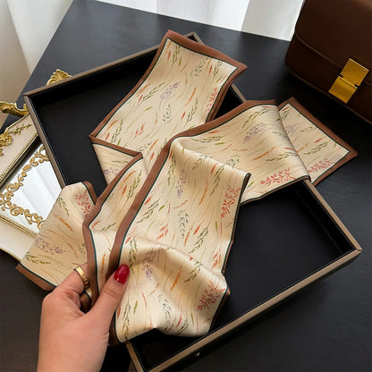 Wholesale Elegant Botanical Floral Skinny Scarf Silk Feeling Hair Ribbon Bag Scarf