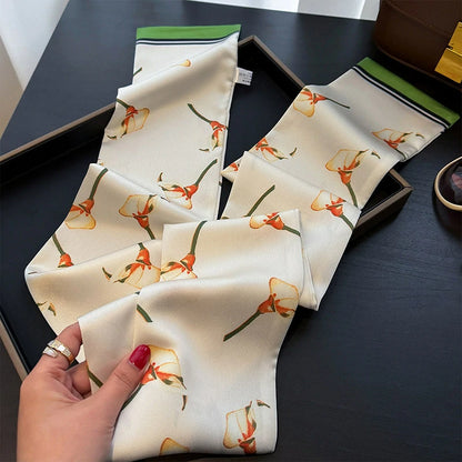 Wholesale Elegant Botanical Floral Skinny Scarf Silk Feeling Hair Ribbon Bag Scarf