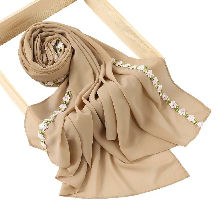 Wholesale Elegant Chiffon Hijab Floral Embroidery Edge Lightweight Modest