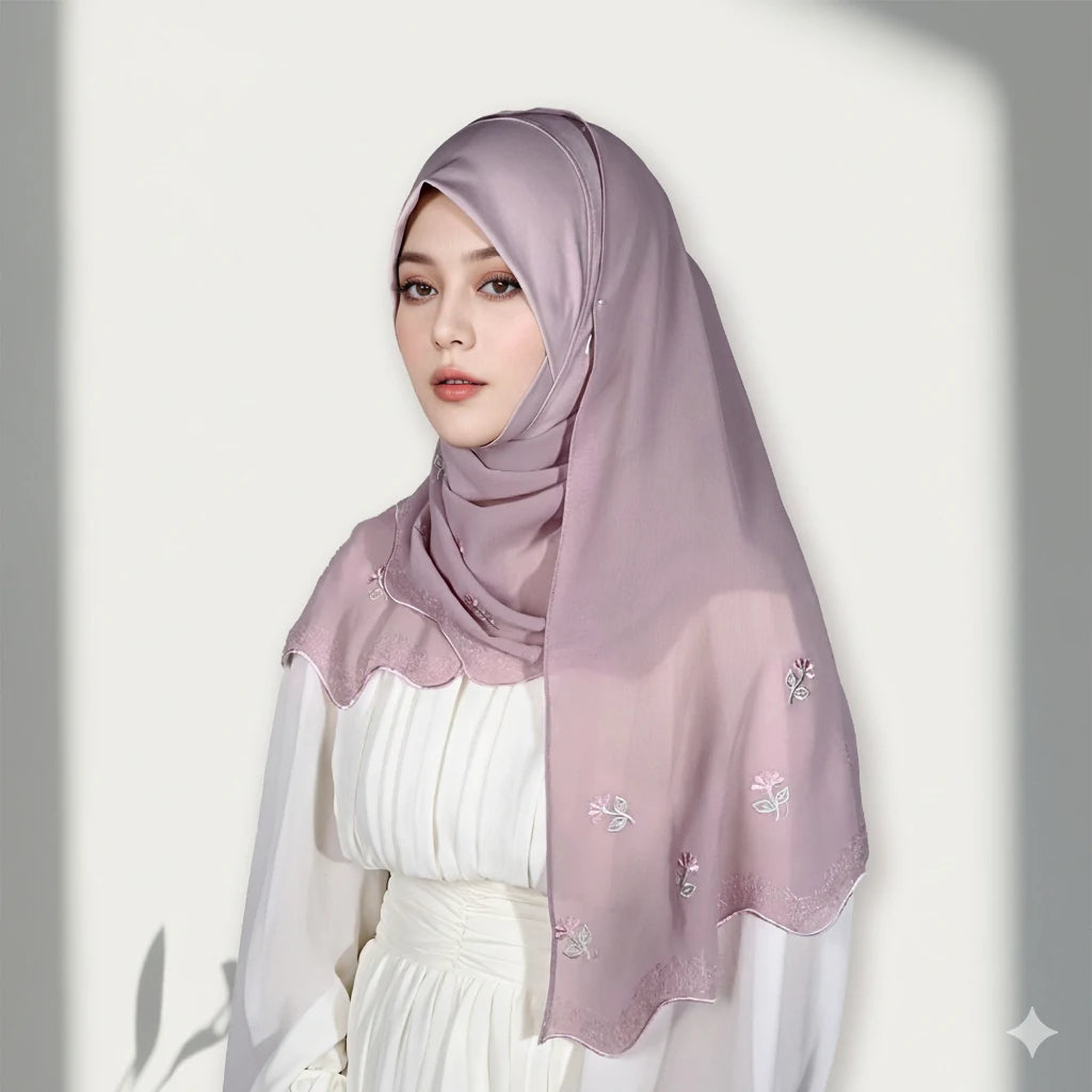 Wholesale Embroidered Flower Lightweight Shell Edge Scarf Muslim Hijab