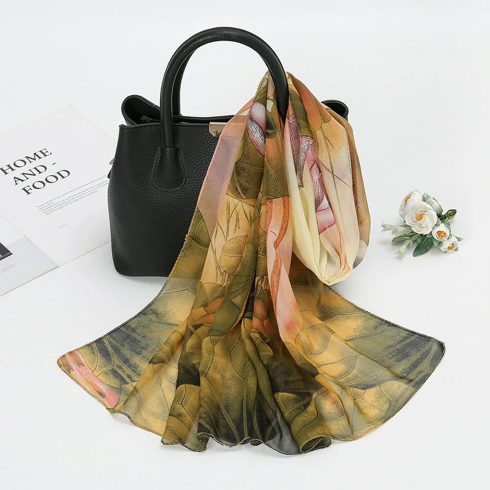 Wholesale Floral Chiffon Scarf Women Lightweight Lotus Print Shawl Wrap Bulk