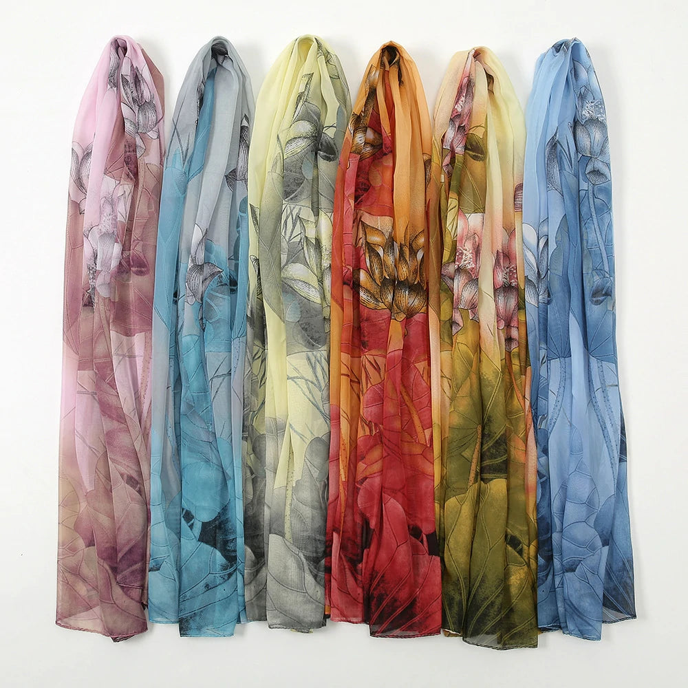 Wholesale Floral Chiffon Scarf Women Lightweight Lotus Print Shawl Wrap Bulk