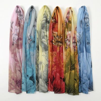 Wholesale Floral Chiffon Scarf Women Lightweight Lotus Print Shawl Wrap Bulk